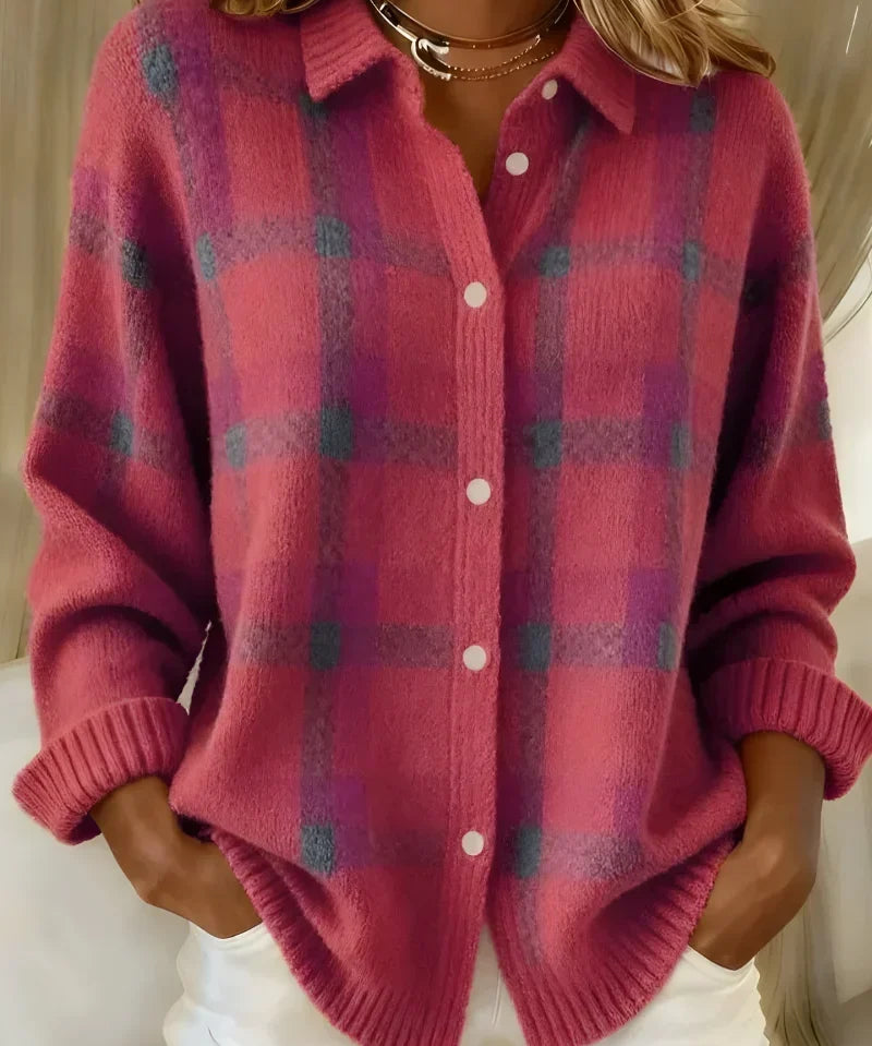 Women's Classic Collared Plaid Cardigan in Pink