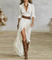 Women's Long Linen Dress with Inverted Collar in White