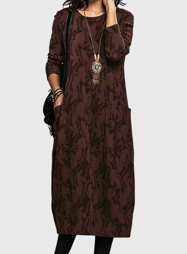 Women's Casual Round-Neck Dress in Wine Red