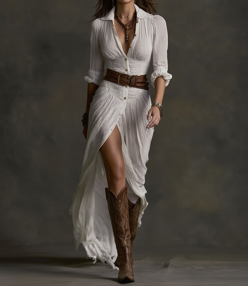 Women's Long Linen Dress with Inverted Collar