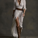 Women's Long Linen Dress with Inverted Collar