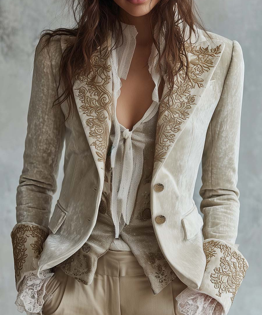 Ivory Velvet Embroidered Blazer With Lace Cuffs