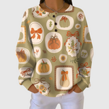 Cozy Autumn Sweater Featuring Bows and Pumpkin Accents in Multicolor