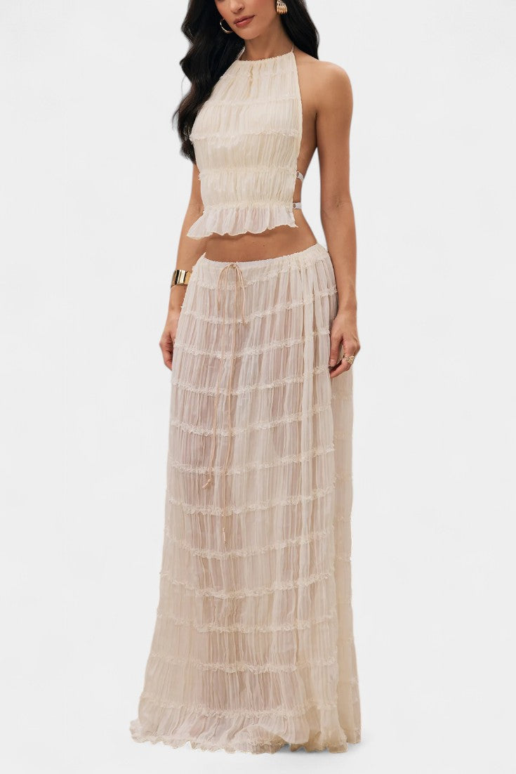 Halter Neck Pleated Ensemble with Flowing High-Waisted Skirt, photo 4