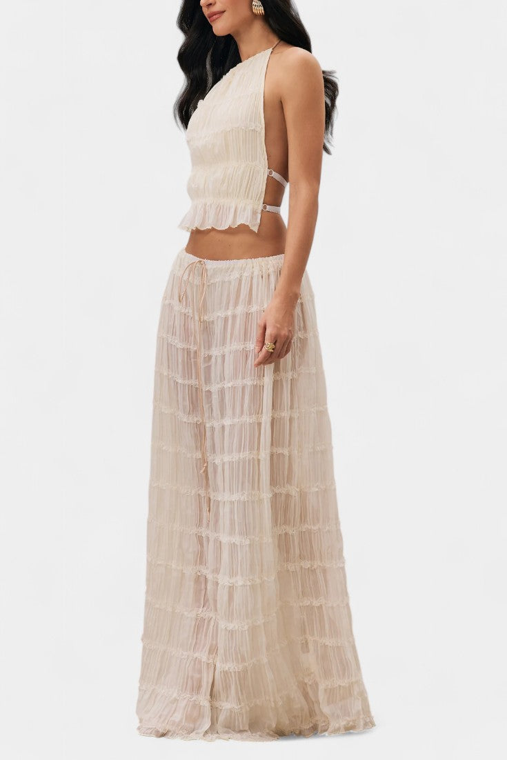 Halter Neck Pleated Ensemble with Flowing High-Waisted Skirt, photo 3