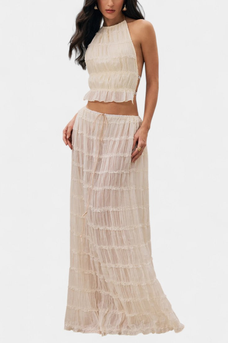 Halter Neck Pleated Ensemble with Flowing High-Waisted Skirt