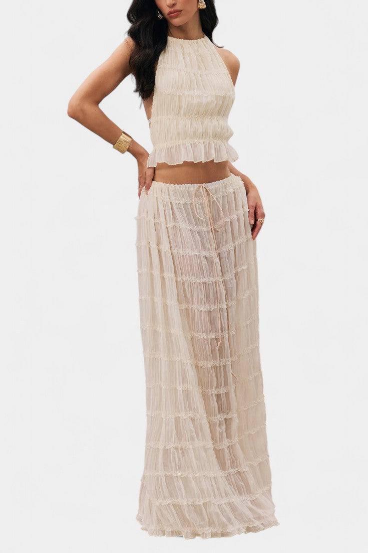 Halter Neck Pleated Ensemble with Flowing High-Waisted Skirt, photo 2
