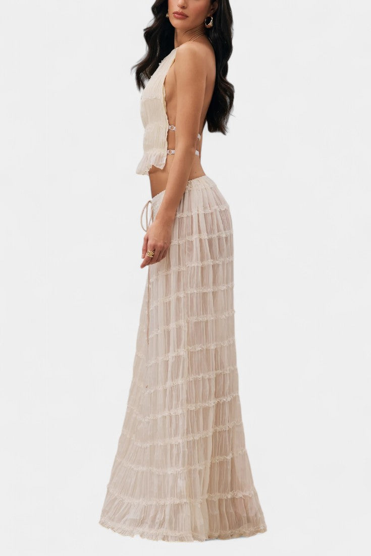 Halter Neck Pleated Ensemble with Flowing High-Waisted Skirt, photo 6