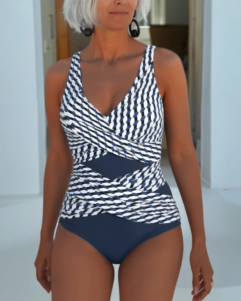 Women's Swimsuit – Geometric Wrap One Piece in Navy Blue