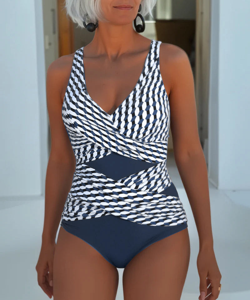 Women's Swimsuit – Geometric Wrap One Piece in Navy Blue