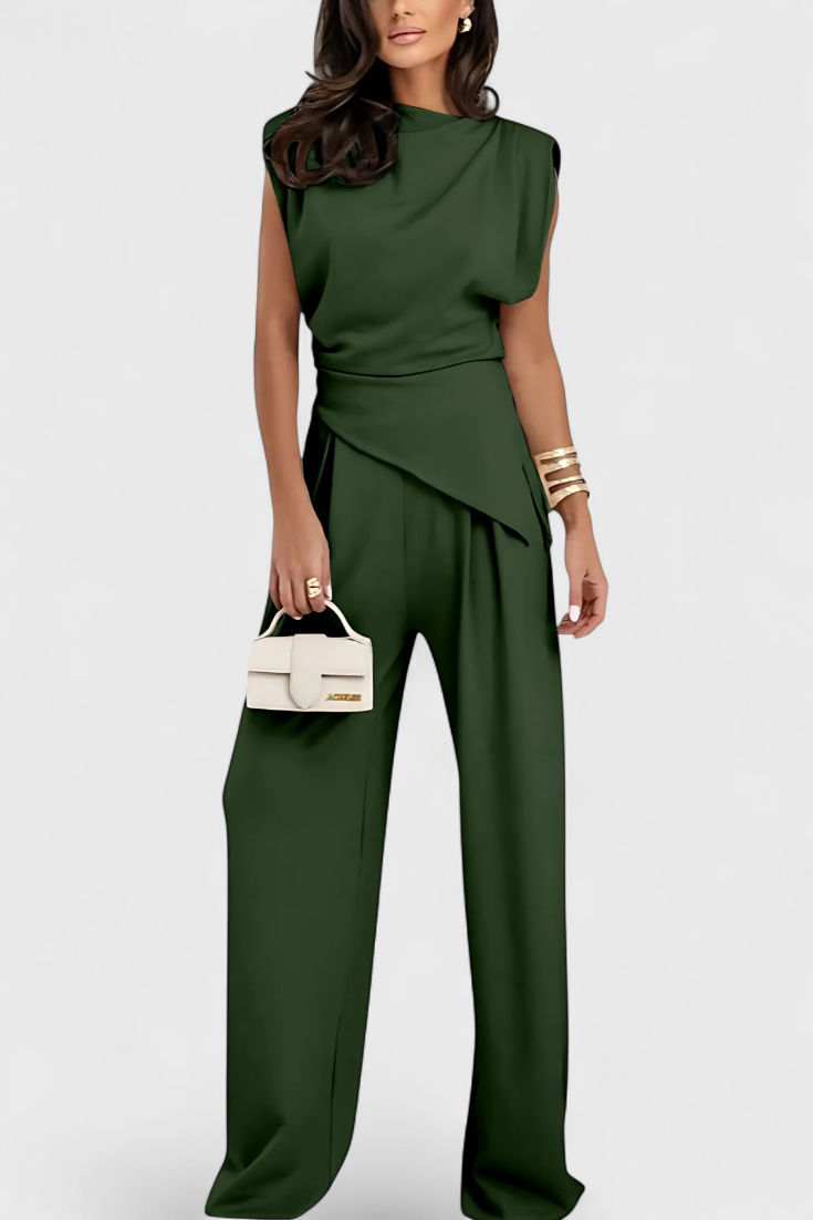 Asymmetrical Set with Draped Shoulders and Flared Pants in Green
