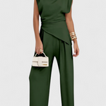Asymmetrical Set with Draped Shoulders and Flared Pants in Green