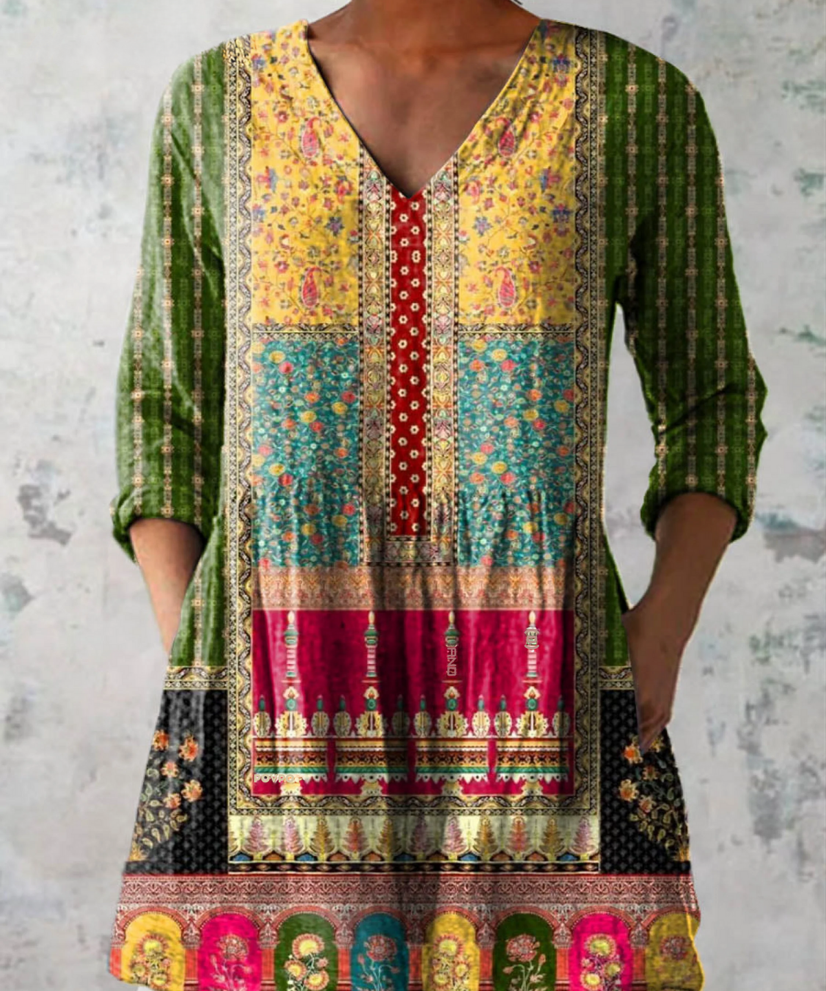 Emilie Long Blouse with V-Neck in Multicolor