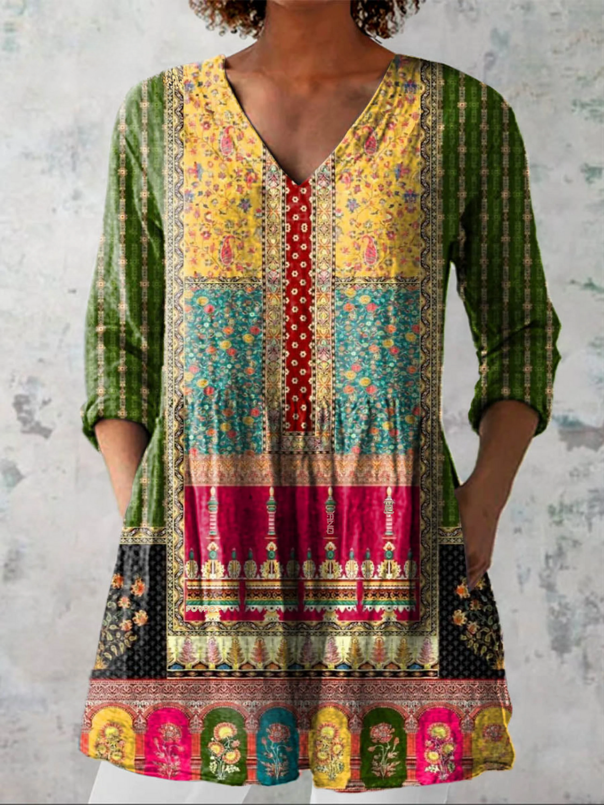 Emilie Long Blouse with V-Neck in Multicolor