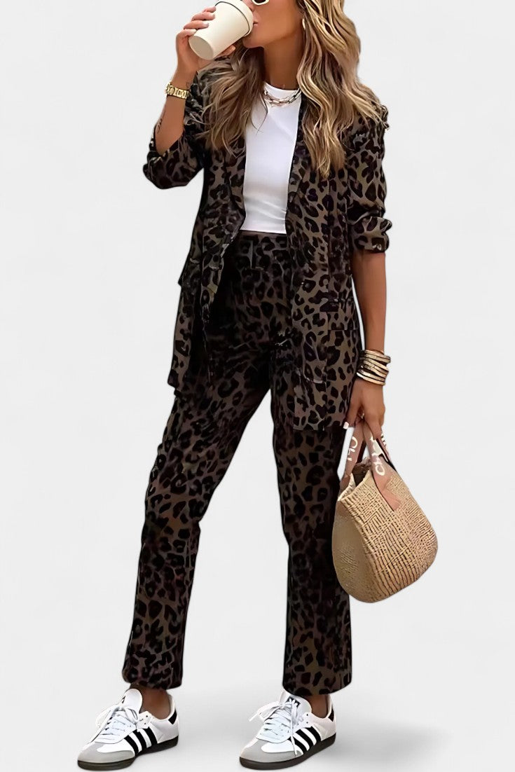 Tailored Blazer with High-Waisted Leopard Print Pants in Dark Brown