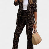 Tailored Blazer with High-Waisted Leopard Print Pants in Dark Brown