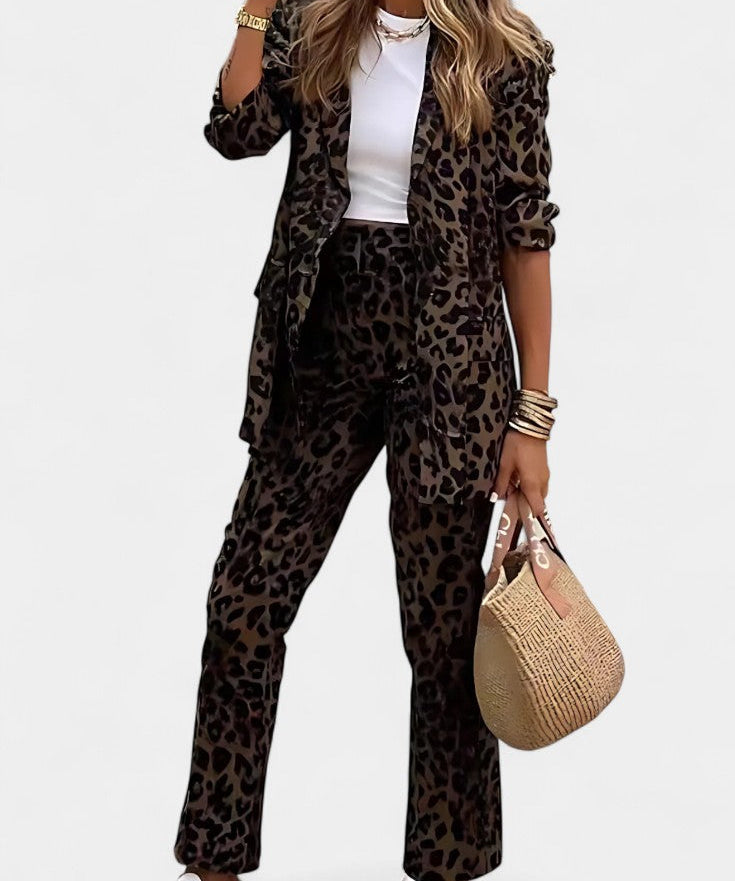 Tailored Blazer with High-Waisted Leopard Print Pants in Dark Brown