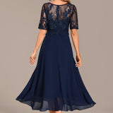Navy Lace Short Sleeve Round Neck Midi Dress, photo 6