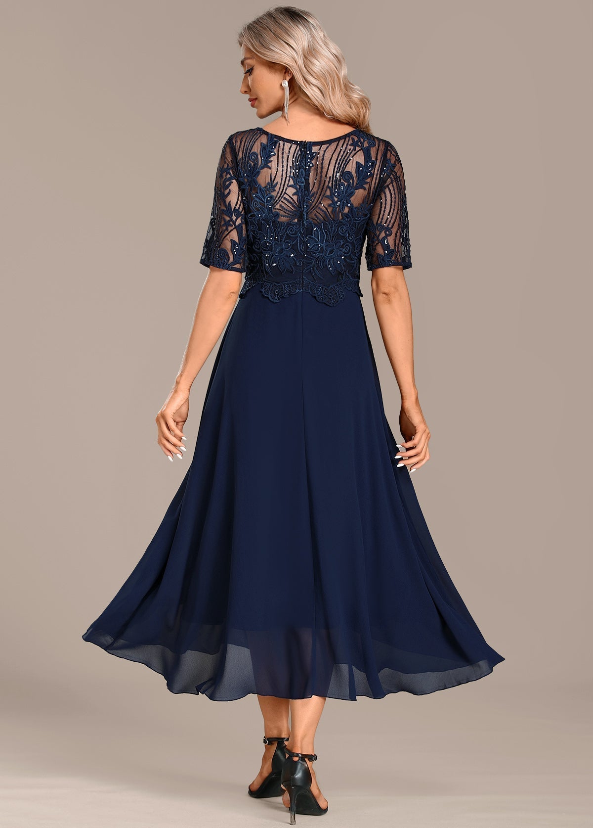 Navy Lace Short Sleeve Round Neck Midi Dress, photo 6