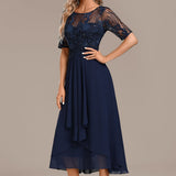 Navy Lace Short Sleeve Round Neck Midi Dress, photo 3