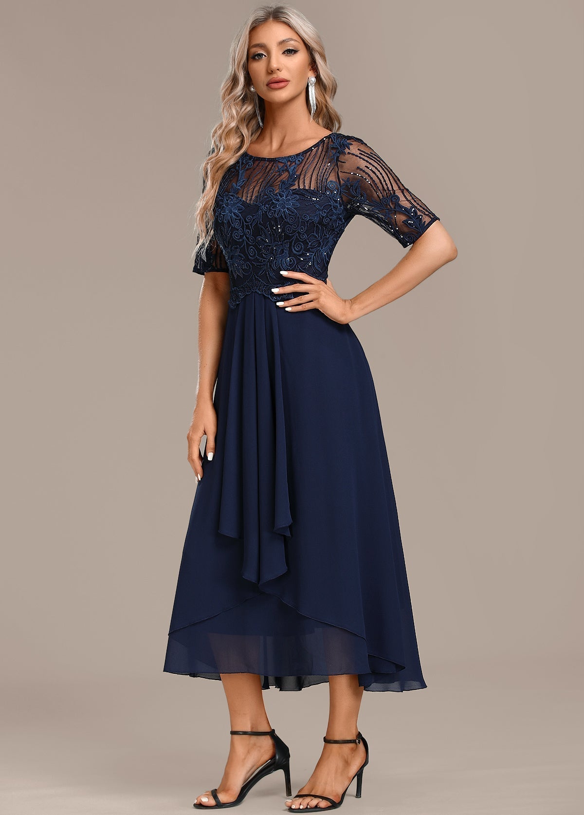 Navy Lace Short Sleeve Round Neck Midi Dress, photo 3