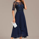 Navy Lace Short Sleeve Round Neck Midi Dress, photo 4