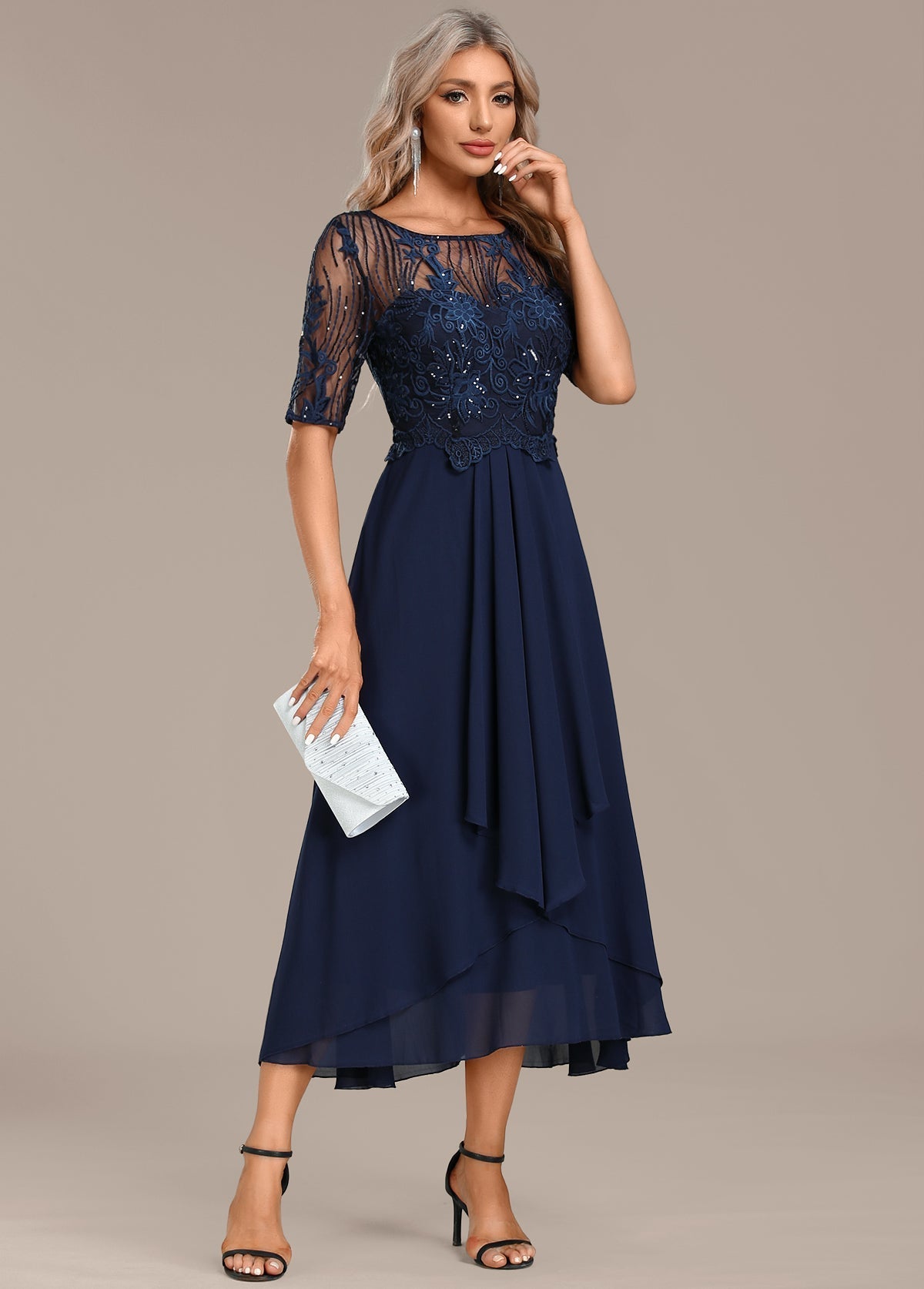 Navy Lace Short Sleeve Round Neck Midi Dress, photo 4