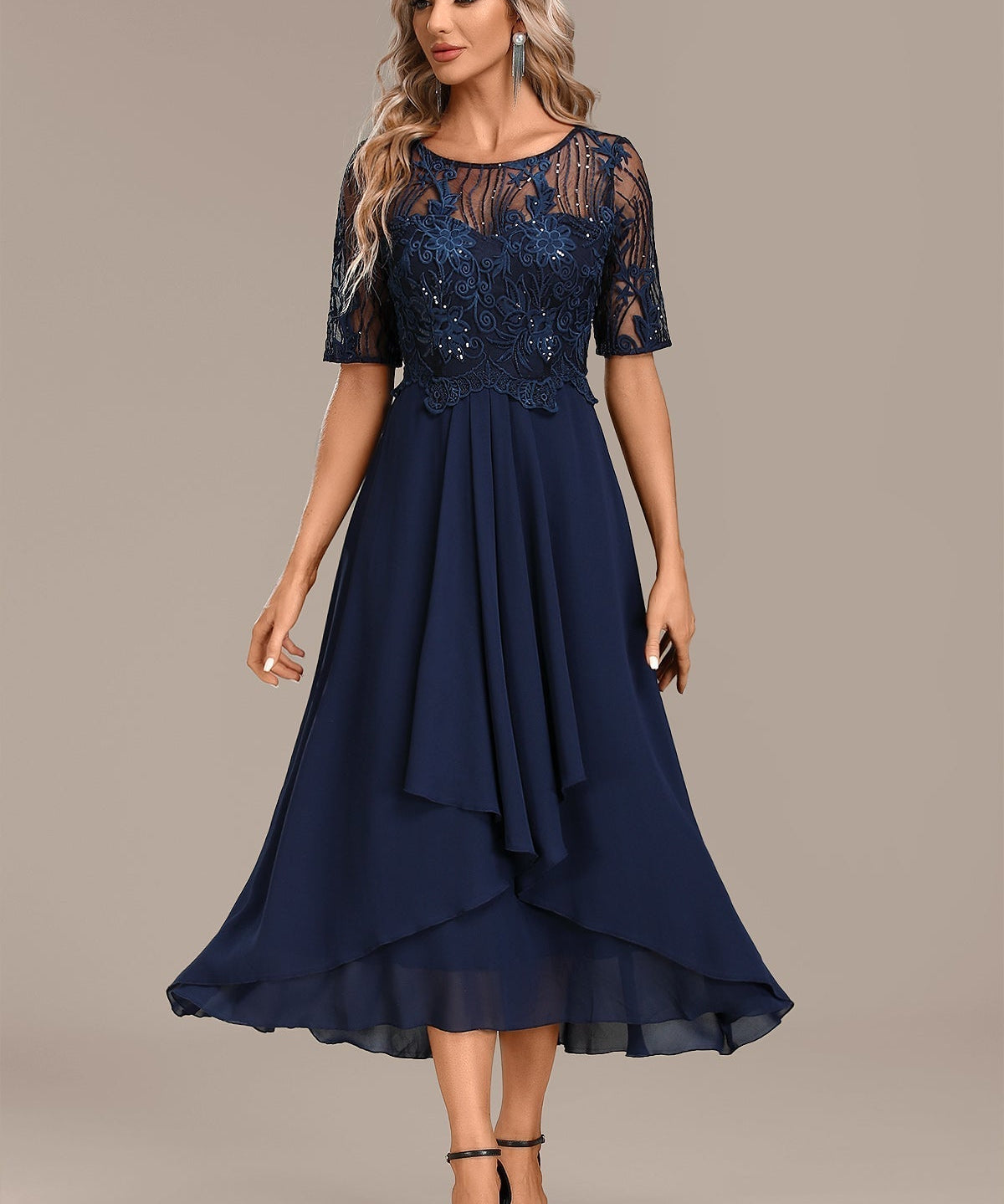 Navy Lace Short Sleeve Round Neck Midi Dress