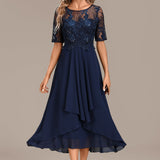 Navy Lace Short Sleeve Round Neck Midi Dress