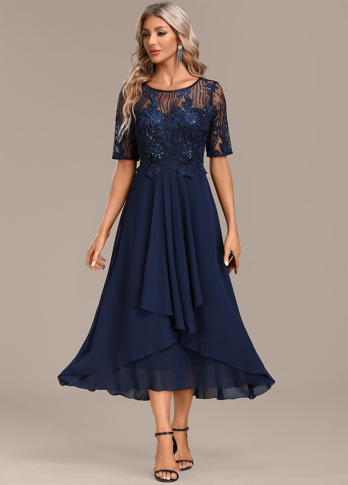 Navy Lace Short Sleeve Round Neck Midi Dress