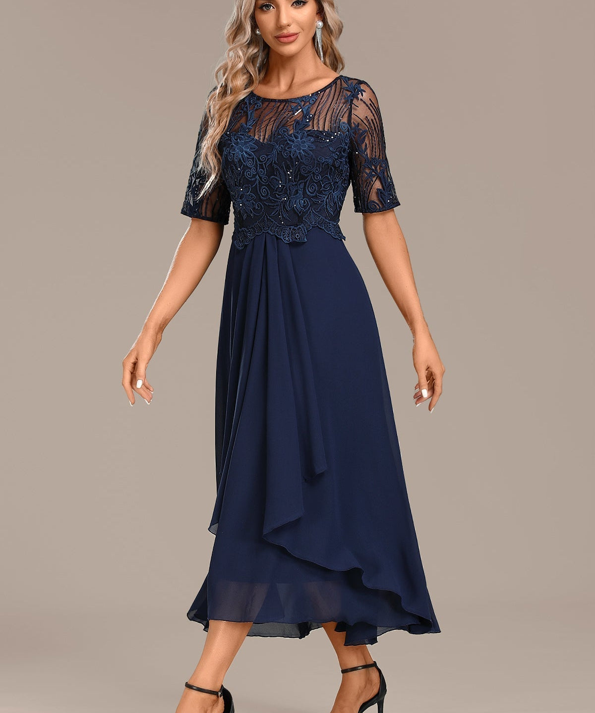 Navy Lace Short Sleeve Round Neck Midi Dress, photo 2