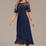 Navy Lace Short Sleeve Round Neck Midi Dress, photo 2