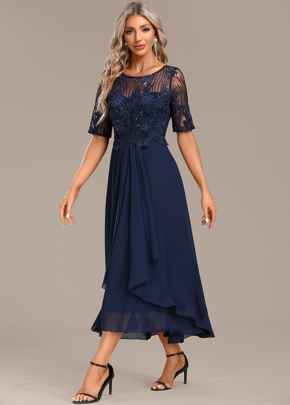 Navy Lace Short Sleeve Round Neck Midi Dress, photo 2