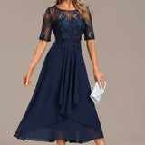 Navy Lace Short Sleeve Round Neck Midi Dress, photo 5