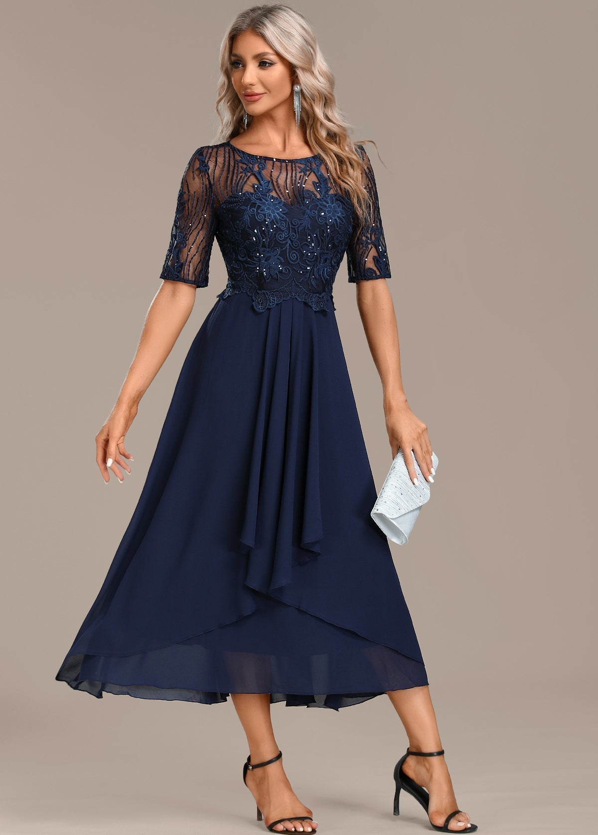 Navy Lace Short Sleeve Round Neck Midi Dress, photo 5