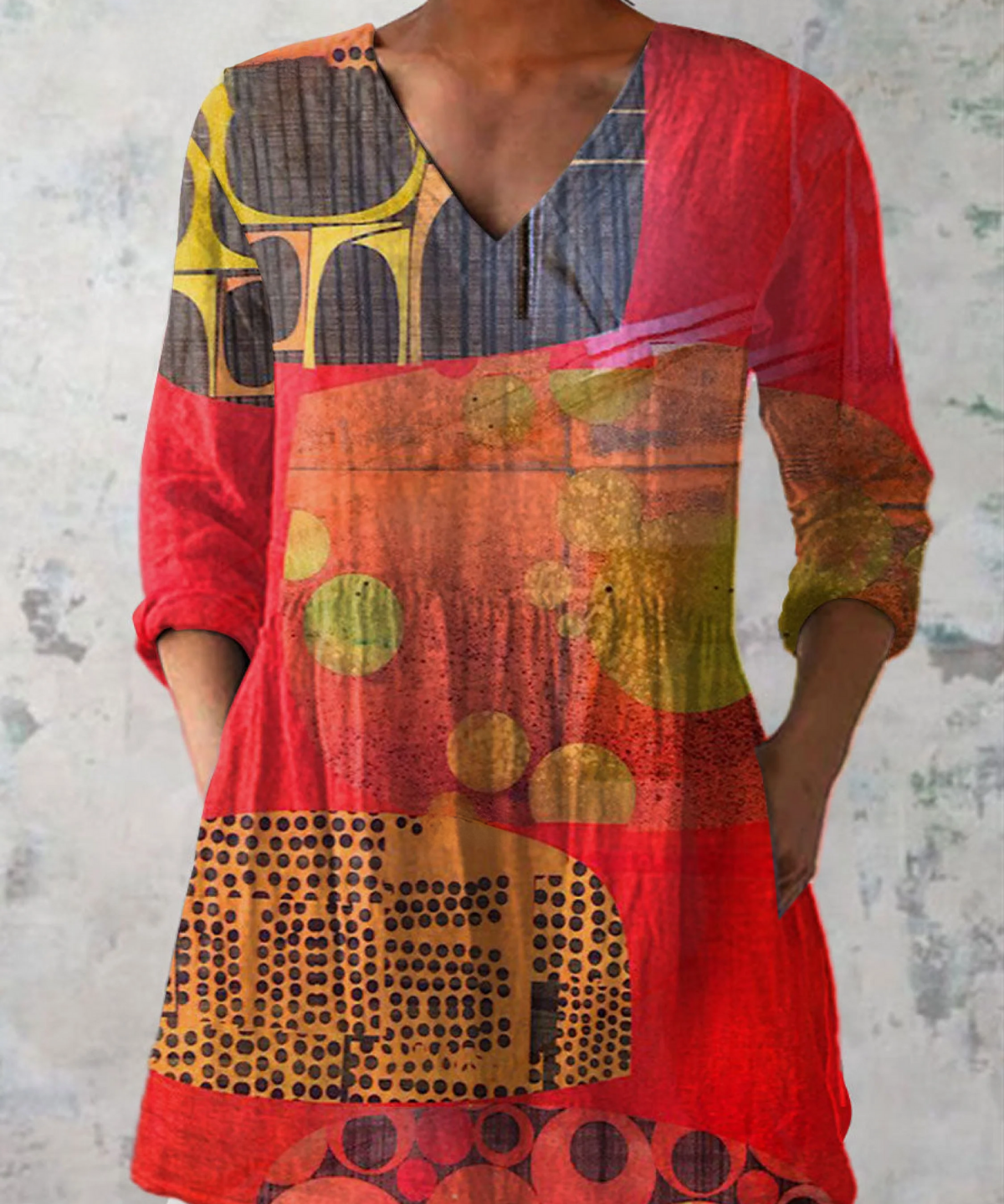 Lucie Long Blouse with V-Neck in Red