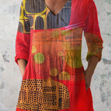 Lucie Long Blouse with V-Neck in Red