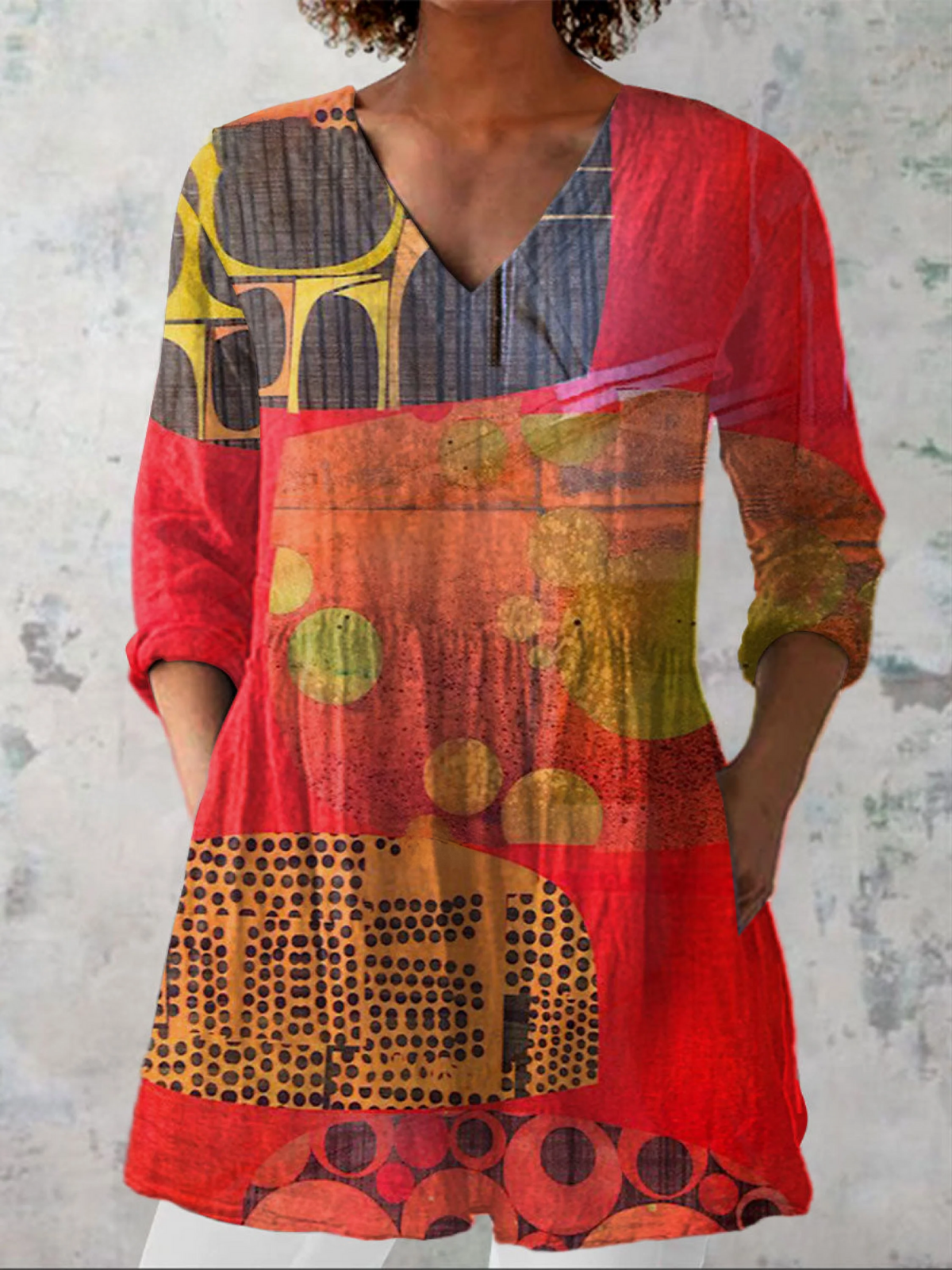 Lucie Long Blouse with V-Neck in Red