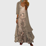 Women's Elegant Maxi Dress Two-Piece Set in Beige