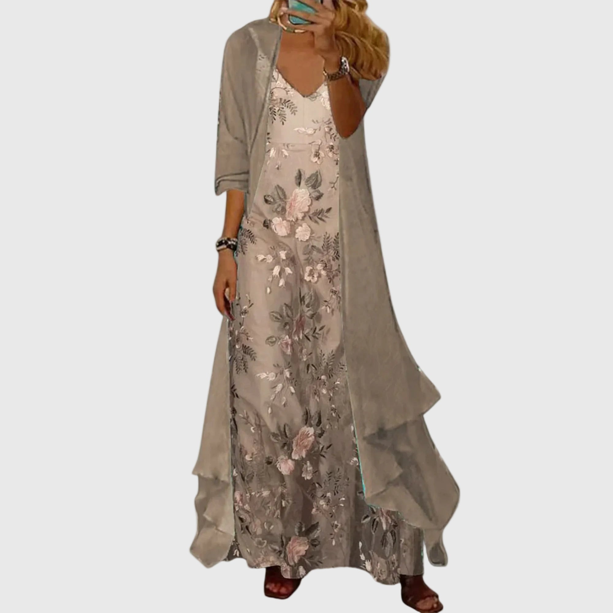 Women's Elegant Maxi Dress Two-Piece Set in Beige