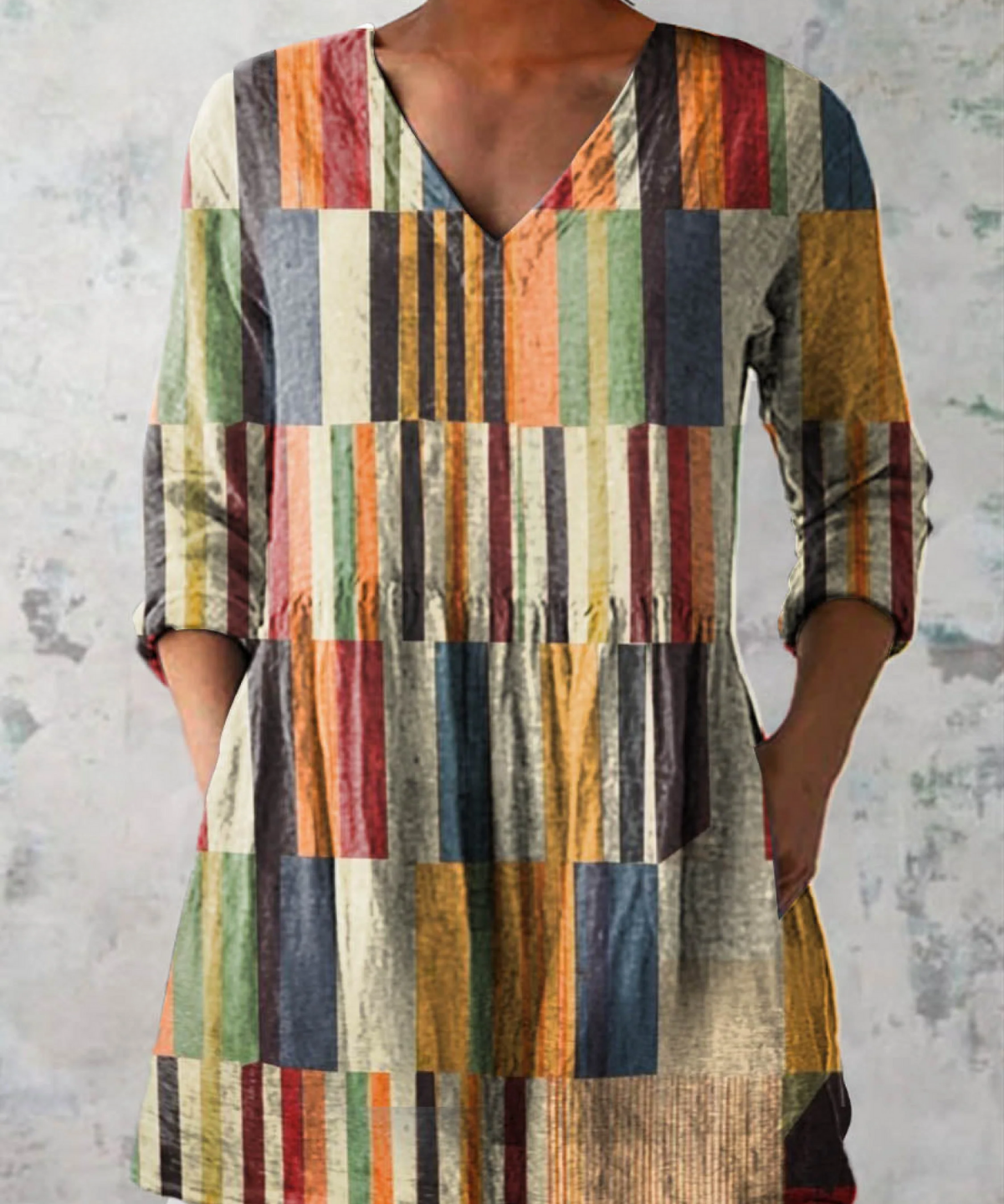 Chloe Long Blouse with V-Neck in Multicolor