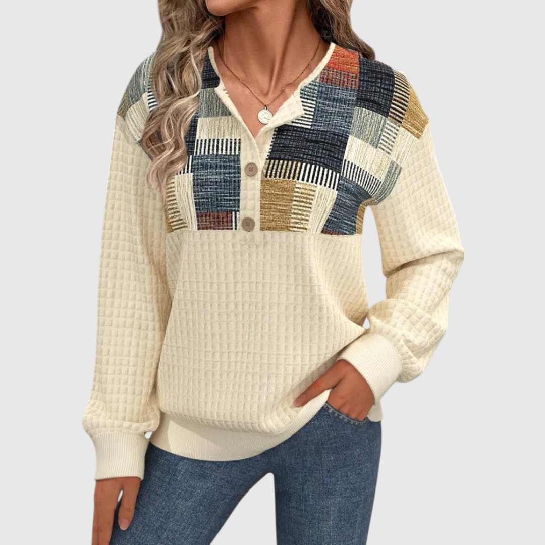 Women's Button-Embellished Patchwork Knit in Squares