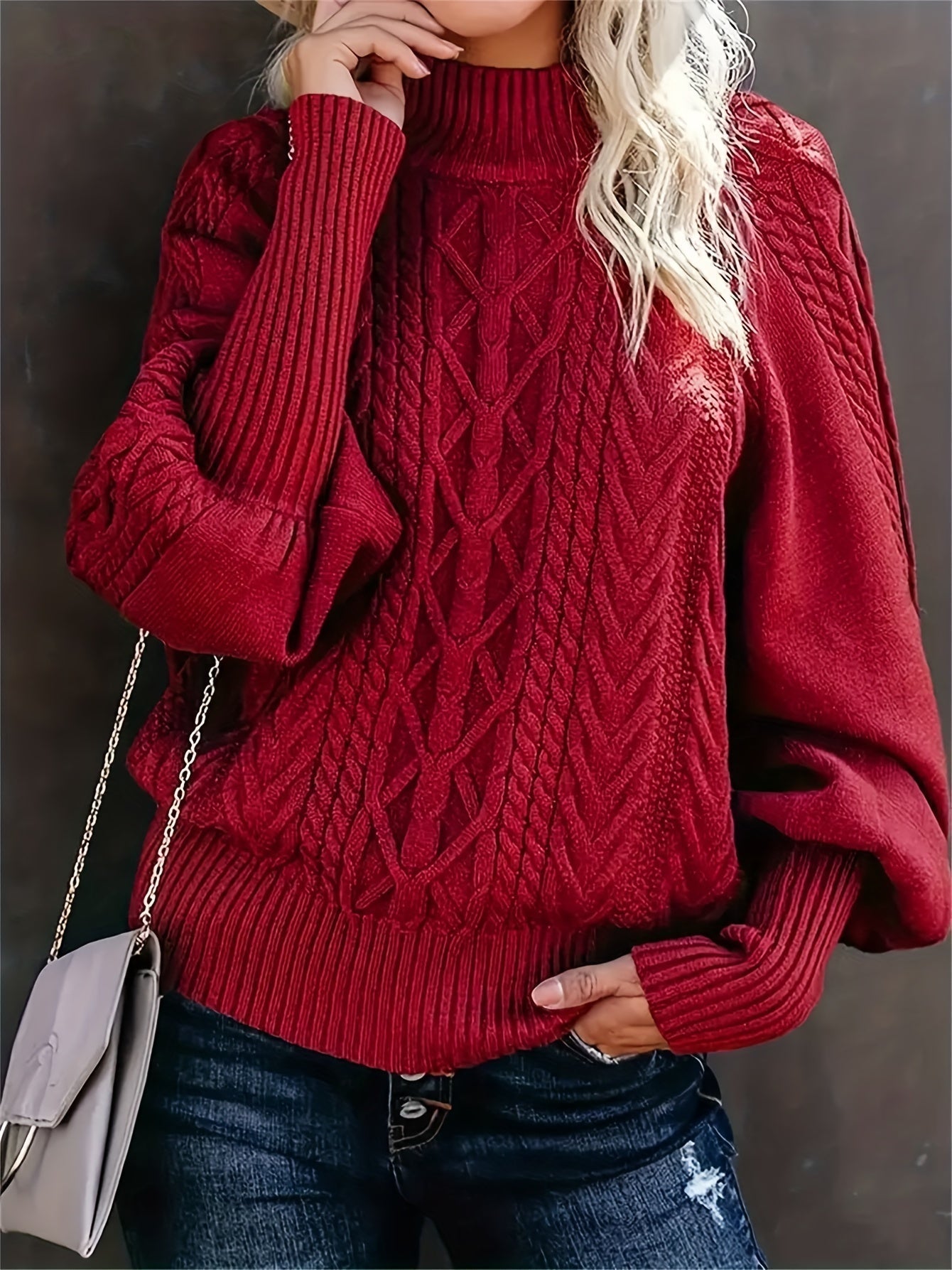 Women's Casual Long-Sleeve Tunic Sweater in Burgundy