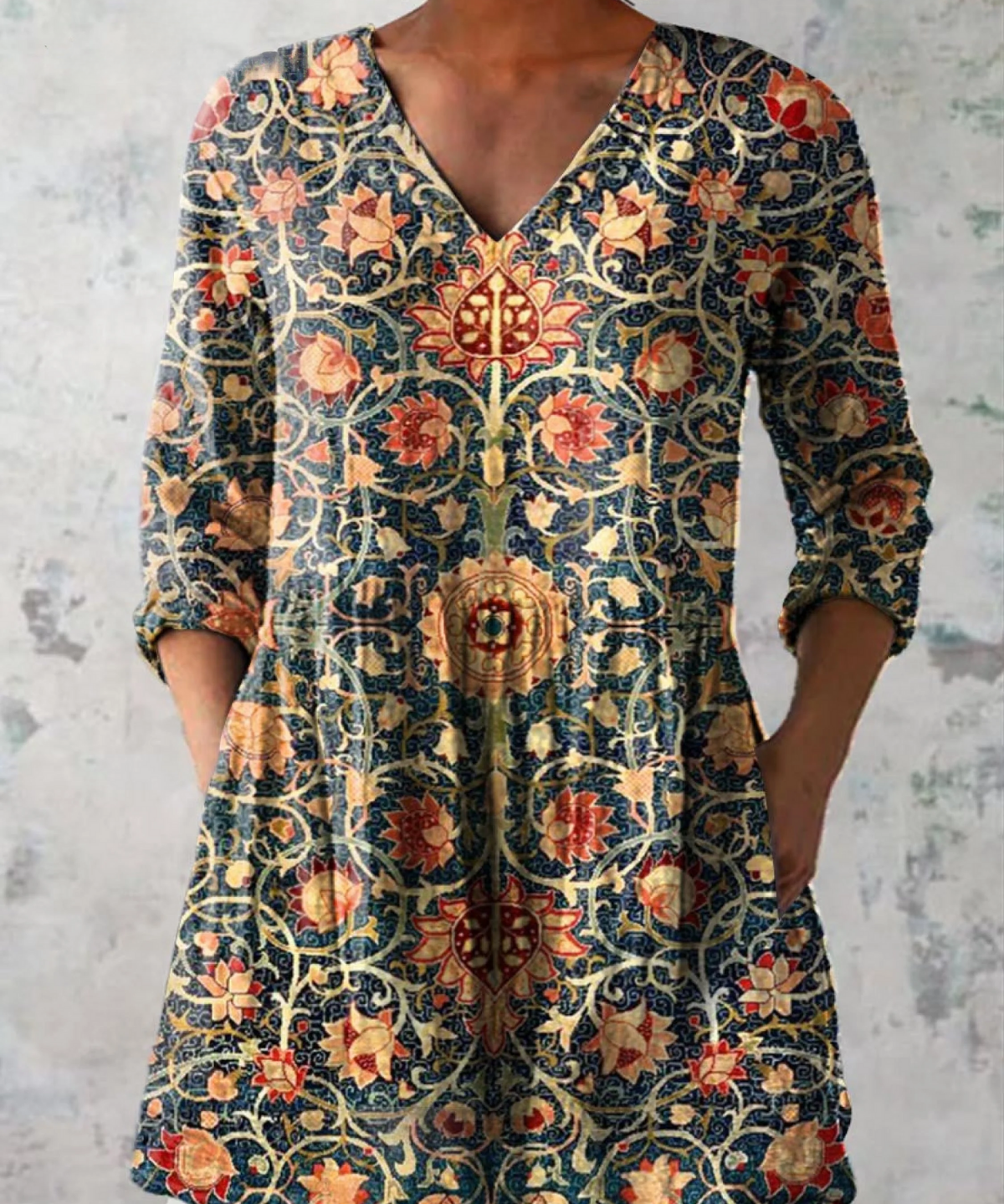 Celine Long Blouse with V-Neck in Multicolor