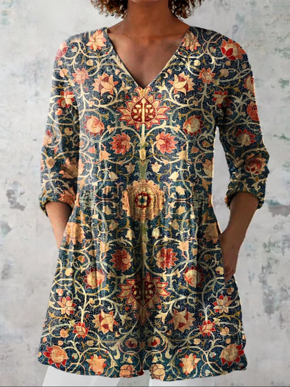 Celine Long Blouse with V-Neck in Multicolor