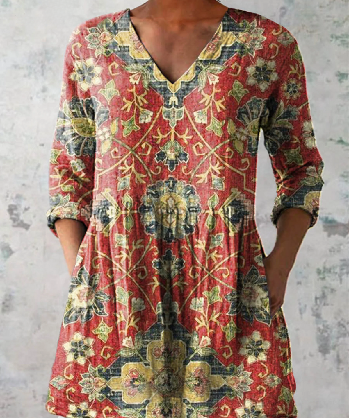 Lea Long Blouse with V-Neck in Multicolor