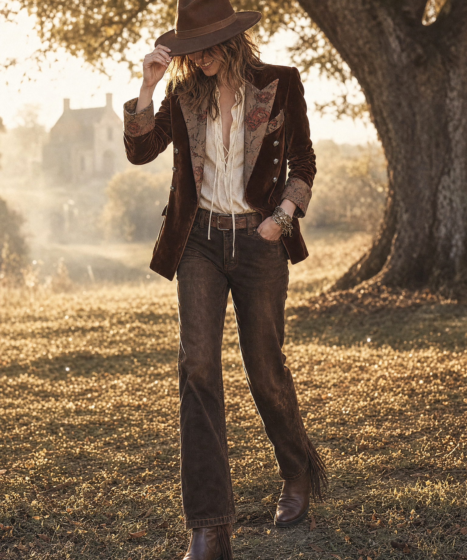 Rosalie | Brown Floral Double-Breasted Blazer