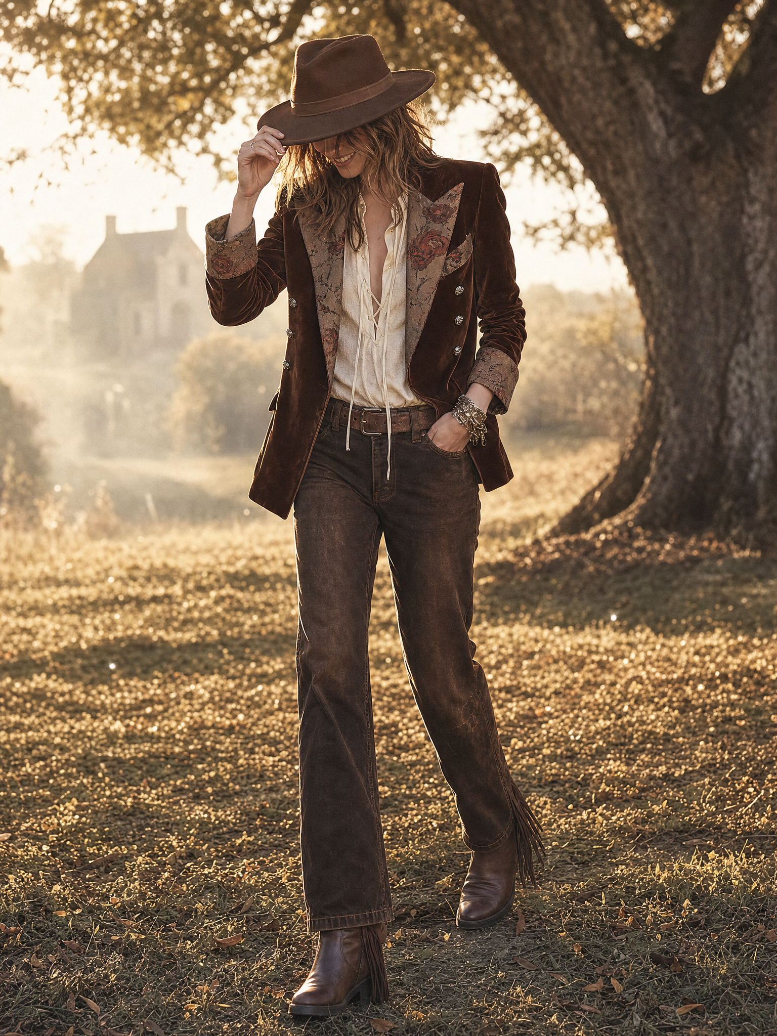 Rosalie | Brown Floral Double-Breasted Blazer