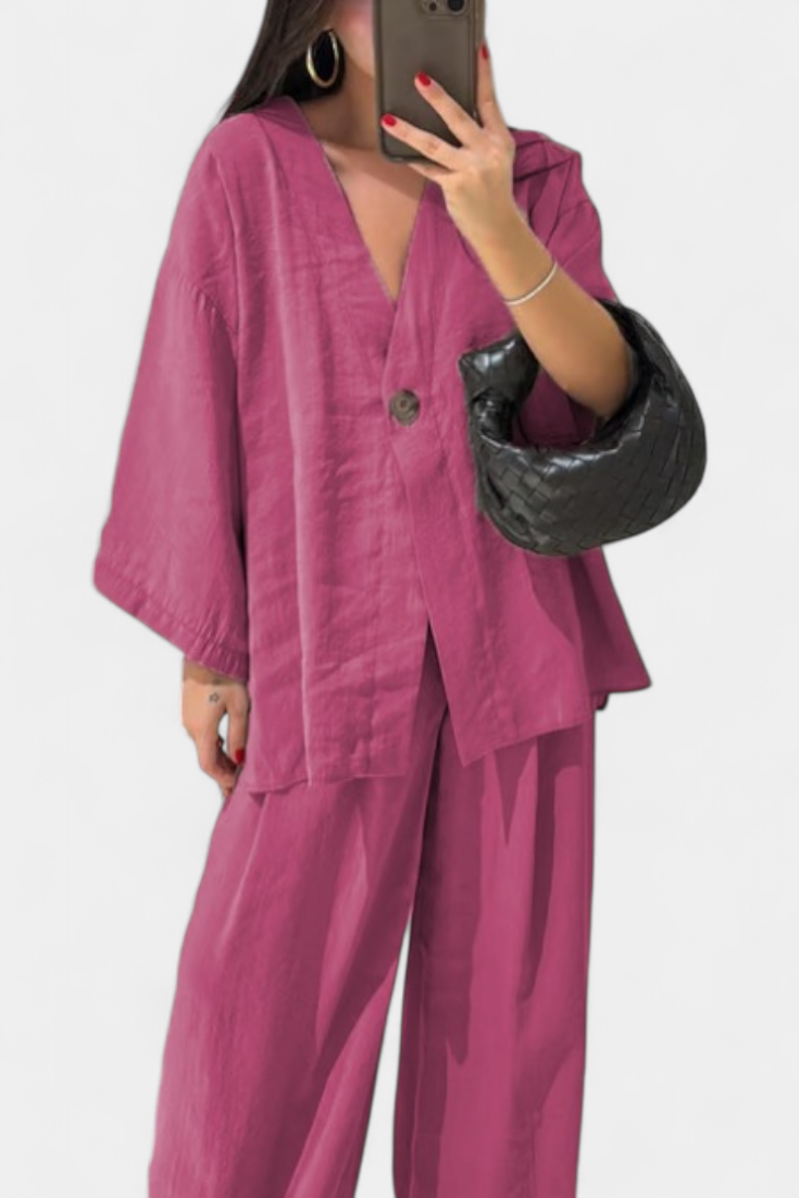 V-Neck Top with Straight-Leg Pants Set in Pink