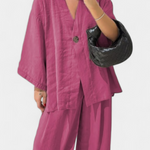 V-Neck Top with Straight-Leg Pants Set in Pink